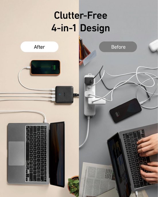 Anker PowerPort Atom III bureau-oplader - 65 W - 2× USB-C en 2× USB-A poorten - PowerIQ 3.0 - Zwart