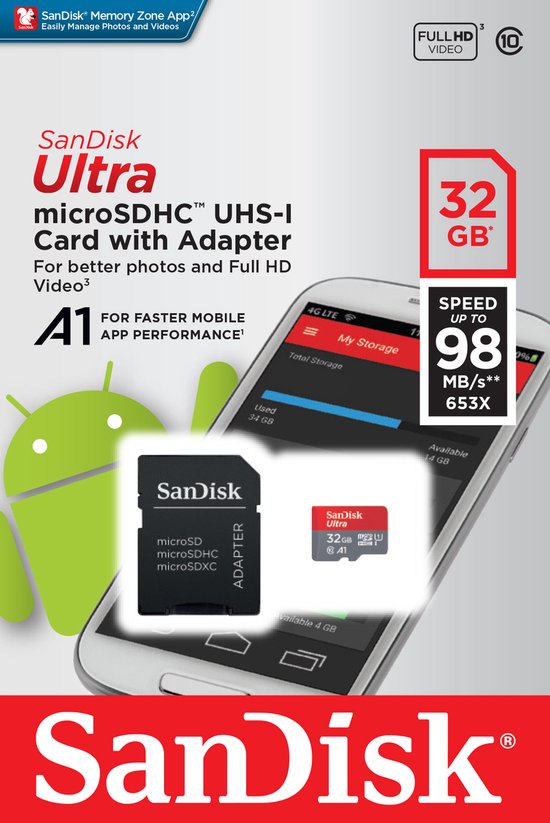 SanDisk Ultra Micro SDHC - UHS1 A1 met adapter - 32 GB