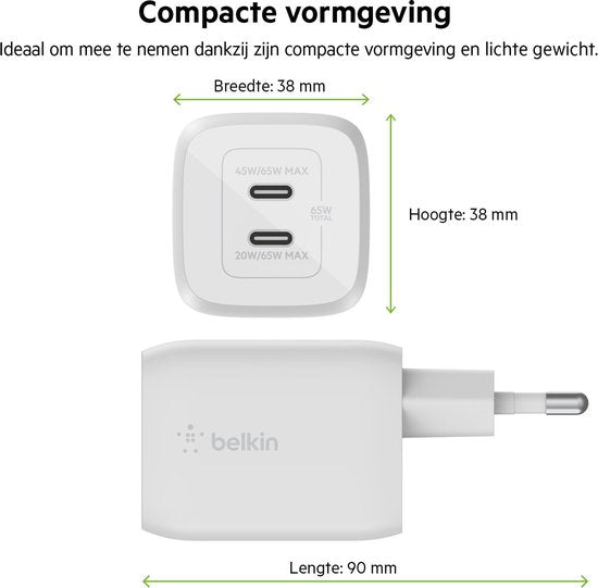 Belkin Boost-Up Charge Pro adapter - 2-poorts USB-C 65W - Wit