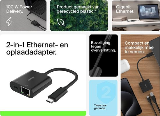 Belkin Connect adapter - USB-C naar ethernet en oplader - 100W 1000 Mbit/s