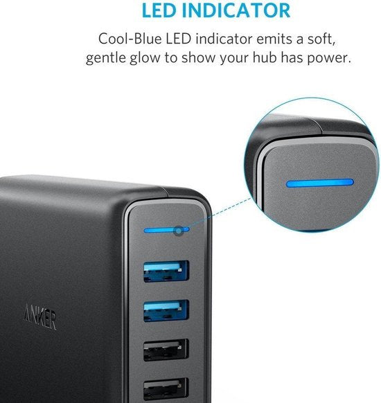 Anker PowerPort Speed wandoplader - 5 poorten met 2× Quick Charge - 63 W - Zwart