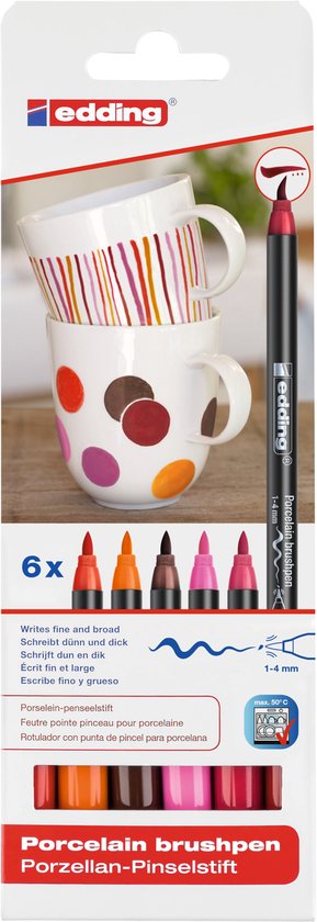 Edding 4200 porcelain brush pens set of 6 - brush tip 1-4 mm dishwasher-safe - Warm colours