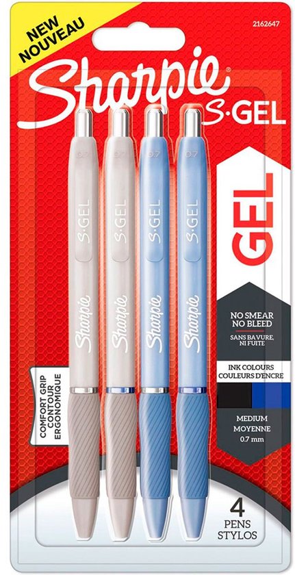 Sharpie S-Gel gelpennen set van 4 - mediumpunt 0,7 mm - zwarte en blauwe inkt - IJsblauwe en parelwitte behuizing