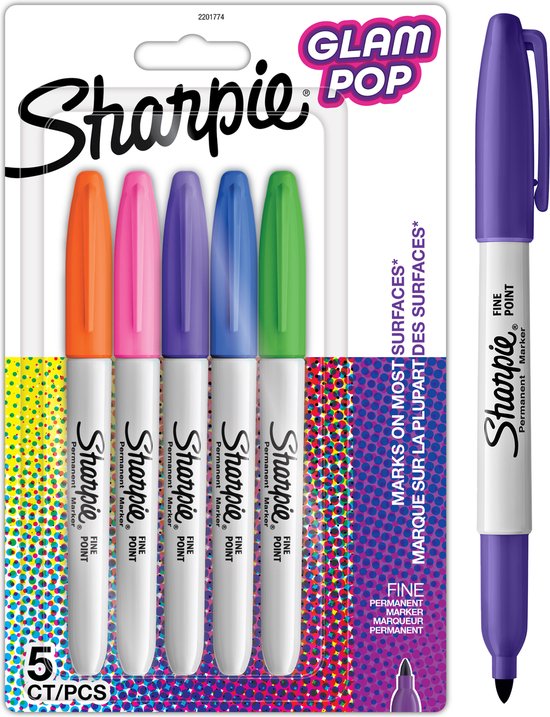 Sharpie Glam Pop permanent markers set van 5 - fijne punt - verschillende kleuren