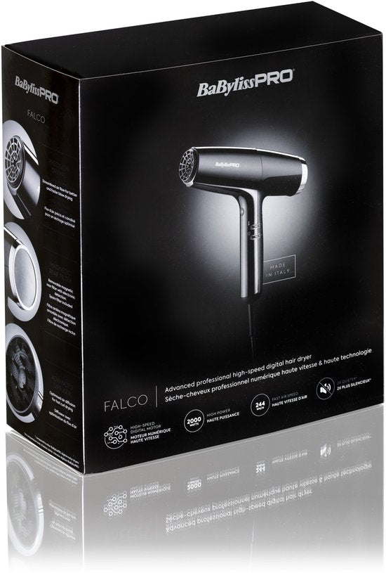BaBylissPRO Falco föhn - 2000 W high-speed digitale motor - 244 km/h - 70 dB - 388 g - inclusief diffuser en opzetstukken