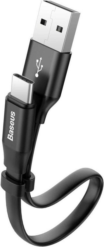 Baseus Korte Platte USB-C Kabel 23cm Zwart – USB-A naar USB-C – Oplaad- en Data Kabel 2A – Anti-Knoop - Compact - Ideaal voor Powerbanks - Zwart
