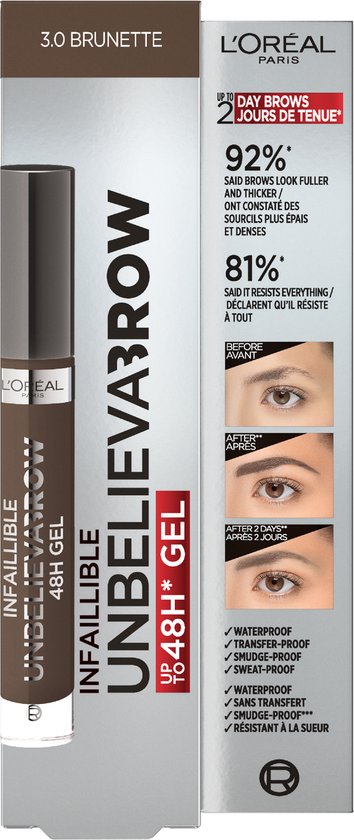 L’Oréal Paris Unbelieva'Brow wenkbrauwgel - langhoudend waterproof - 3.0 Brunette - 3,4 ml - Bruin