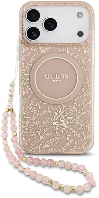 Guess IML Flowers Allover hoesje - geschikt voor iPhone 17 Pro Max - MagSafe compatibel met koord - Roze