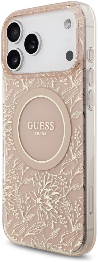 Guess IML Flowers Allover hoesje - geschikt voor iPhone 17 Pro Max - MagSafe compatibel met koord - Roze