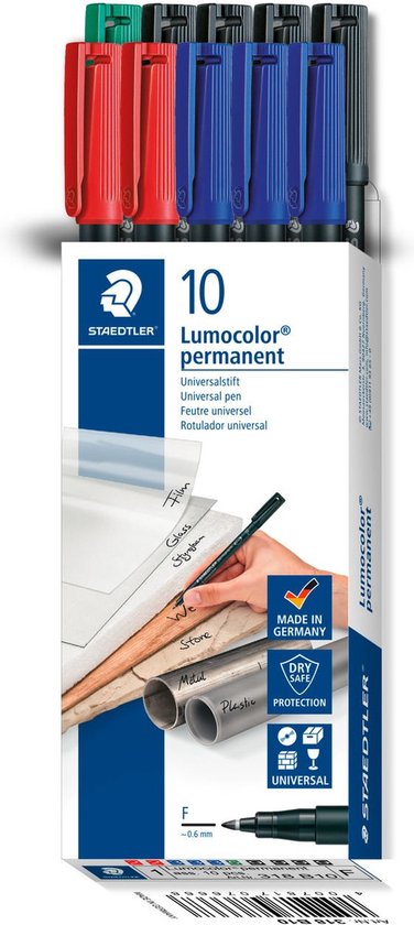 Staedtler Lumocolor permanent pen - F nib - box of 10 assorted colours