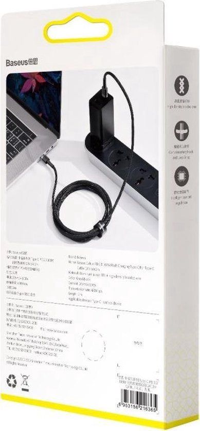 Baseus Cafule USB C Kabel naar USB C 2 meter zwart grijs - 5A - 100W - PD2.0 Power Delivery - QC3.0 Quick Charge - gewoven - velcro bandje