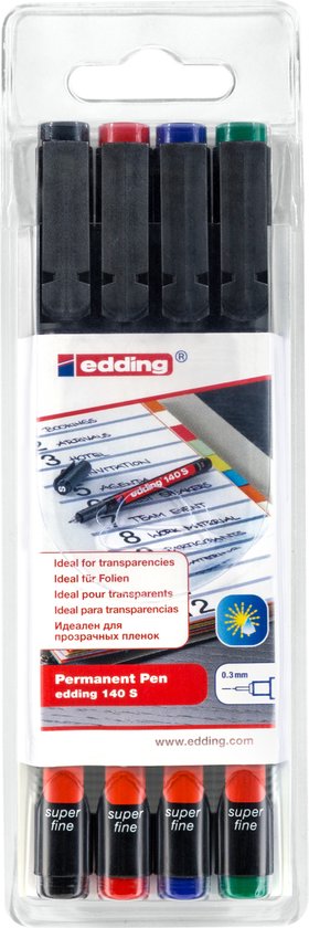 edding 140 S permanente pen set van 4 - ronde punt 0,3 mm - veegvast watervast - Multi-coloured