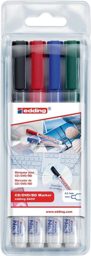 Edding 8400 cd/dvd/bd marker set van 4 - ronde punt 0,5-1,0 mm - zwart, blauw, rood, groen