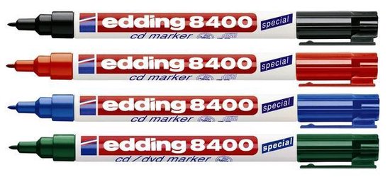 Edding 8400 cd/dvd/bd marker set van 4 - ronde punt 0,5-1,0 mm - zwart, blauw, rood, groen