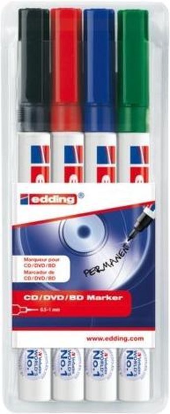 Edding 8400 cd/dvd/bd marker set van 4 - ronde punt 0,5-1,0 mm - zwart, blauw, rood, groen