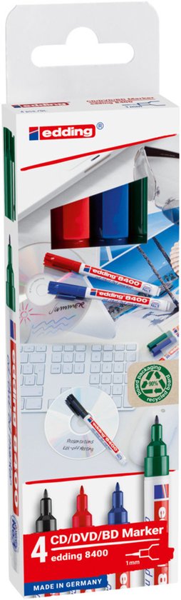 Edding 8400 cd/dvd/bd marker set van 4 - ronde punt 0,5-1,0 mm - zwart, blauw, rood, groen