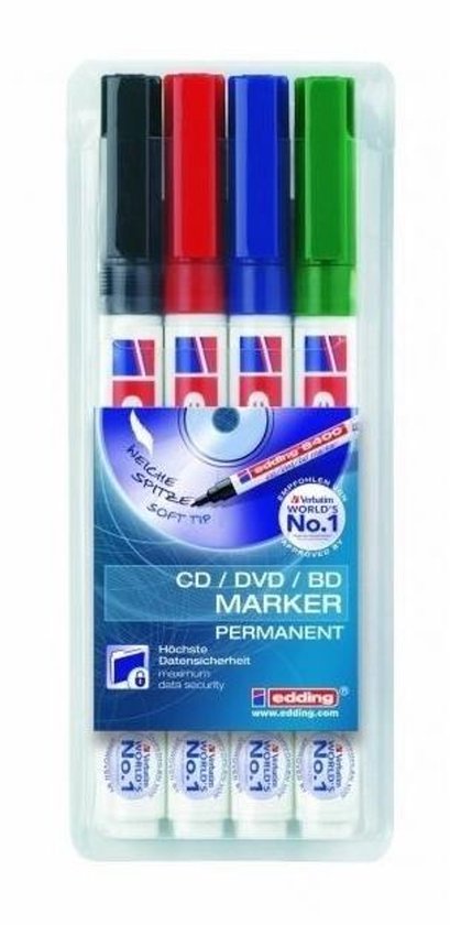 Edding 8400 cd/dvd/bd marker set van 4 - ronde punt 0,5-1,0 mm - zwart, blauw, rood, groen