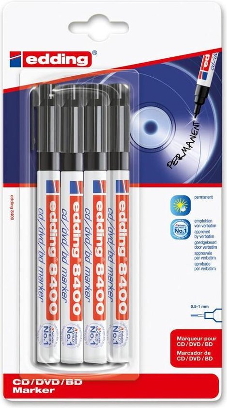 Edding 8400/4 CD/DVD/BD marker set van 4 - 0,5-1 mm - Zwart