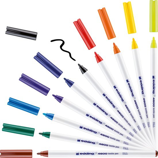 Edding 4600 textielstift - set van 10 kleuren - ronde punt 1 mm - wasbestendig 60°C