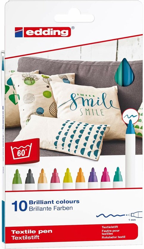 edding 4600 textielstift set van 10 - ronde punt 1 mm - wasmachinebestendig 60 °C - Assorti funkleuren