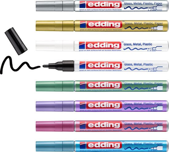 Edding 751/8 S glanslakmarker set van 8 - ronde punt 1-2 mm - feestelijke en metallic kleuren