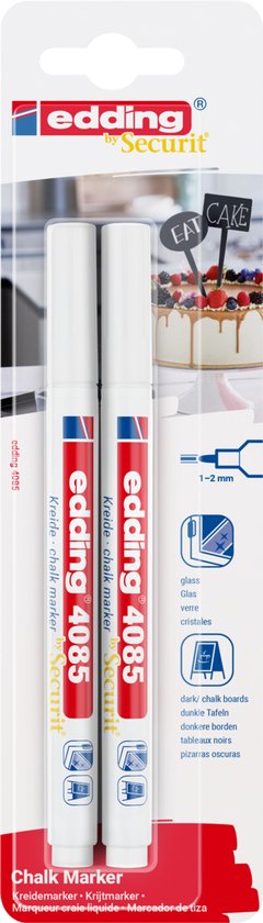 edding 4085 chalk marker set of 2 - round tip 1-2 mm - washable and erasable - White