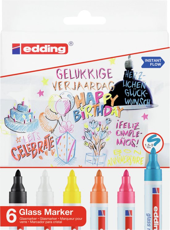 Edding 95/6 S glasmarker set van 6 - 1,5-3 mm - assorti kleuren
