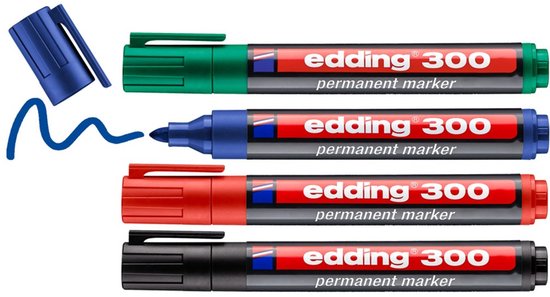 Edding 300 permanent marker set van 4 - ronde punt 1,5-3 mm - Zwart, rood, blauw, groen