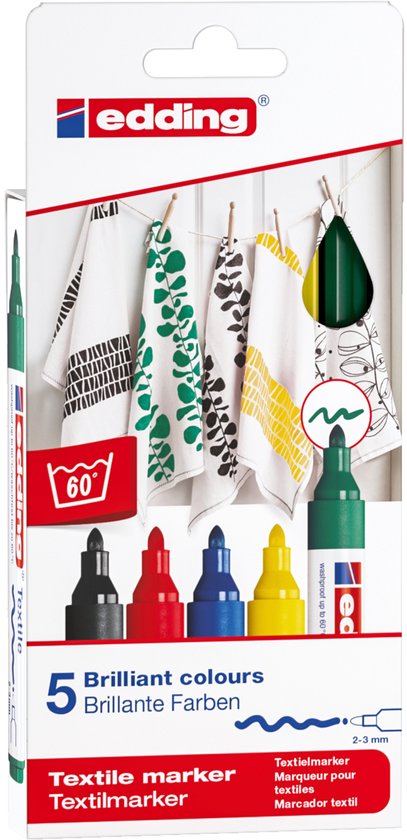 Edding 4500 Textile Marker Set of 5 - Round Nib 2-3 mm - Machine Washable 60°C