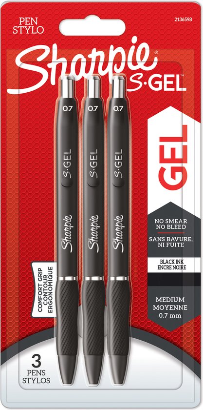 Sharpie S-Gel gelpennen - medium punt 0,7 mm - zwarte inkt - set van 3