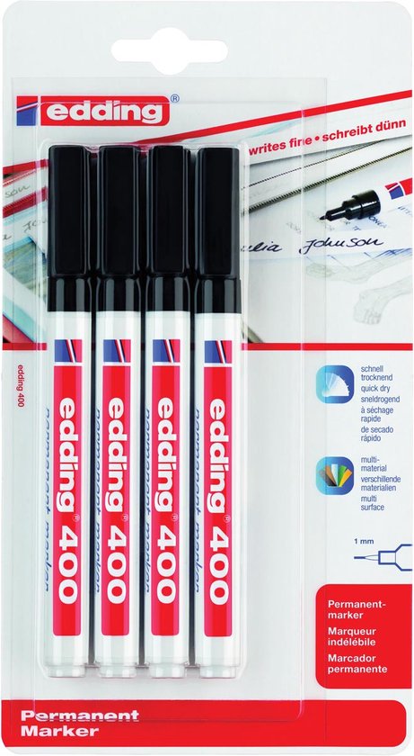 Edding 400 permanent marker set of 4 - round nib 1 mm - Black