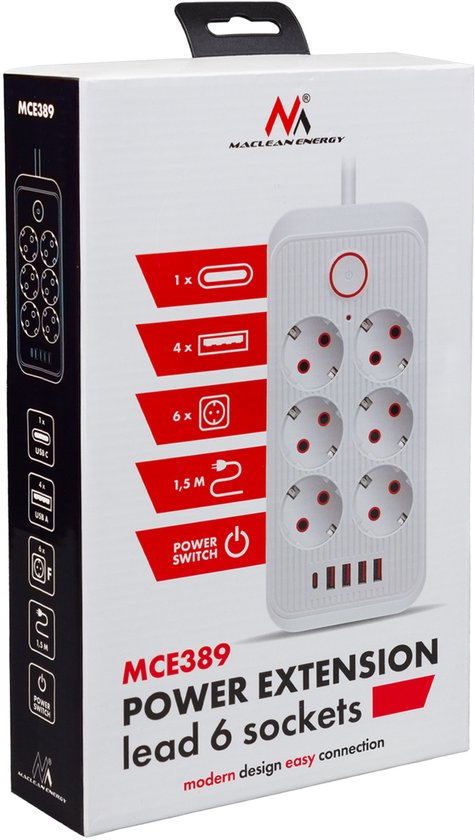 Maclean MCE389 B stekkerdoos - 6-polig + 4×USB - 1,5 m - Zwart