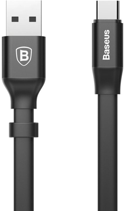 Baseus Korte Platte USB-C Kabel 23cm Zwart – USB-A naar USB-C – Oplaad- en Data Kabel 2A – Anti-Knoop - Compact - Ideaal voor Powerbanks - Zwart