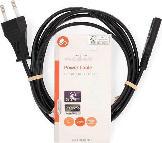 Nedis stroomkabel - Euro male naar IEC-320-C7 - recht - vernikkeld - plat PVC - 2 meter - Zwart