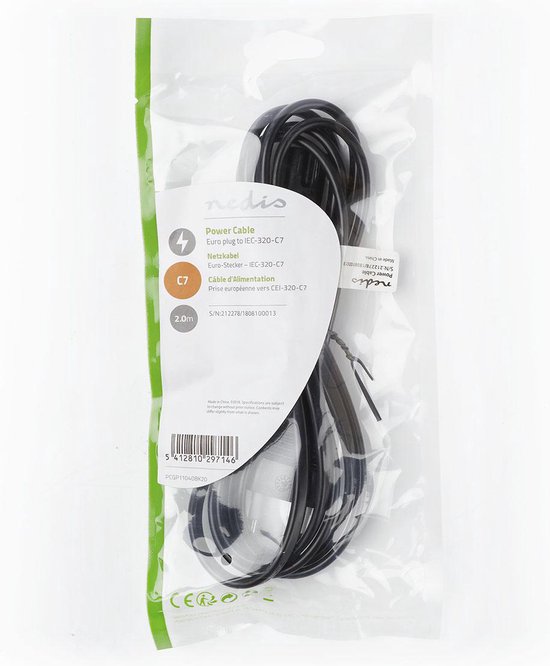 Nedis stroomkabel - Euro male naar IEC-320-C7 - recht - vernikkeld - plat PVC - 2 meter - Zwart