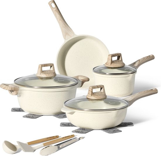 Just Perfecto pannenset - 12-delig inductie PFAS vrij - koudgrepen - Beige