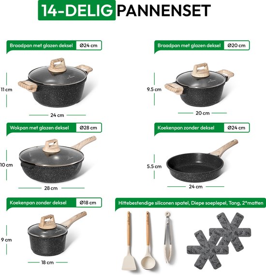 Just Perfecto pannenset - 14-delig inductie - koudgrepen - PFAS vrij - Zwart