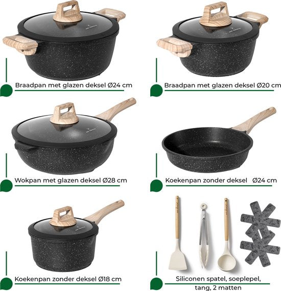 Just Perfecto pannenset - 14-delig inductie PFAS vrij koudgrepen - Zwart