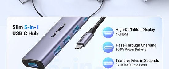 Ugreen CM511 USB-C hub - 5-in-1 HDMI 1.4 3x USB-A PD 100W - Grey
