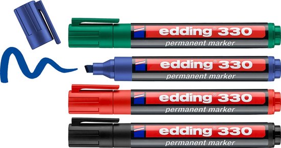 Edding 330 permanent marker set of 4 - chisel tip 1-5 mm - Black, Red, Blue, Green