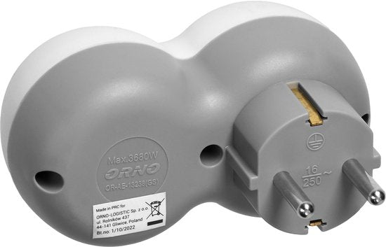 Orno doorvoerstekker - 2 stopcontacten max 3680 watt - Wit