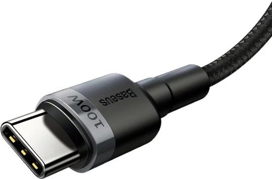 Baseus Cafule USB C Kabel naar USB C 2 meter zwart grijs - 5A - 100W - PD2.0 Power Delivery - QC3.0 Quick Charge - gewoven - velcro bandje