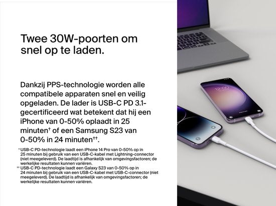 Belkin Wall Charger - 2-Port 60W - 2× USB-C