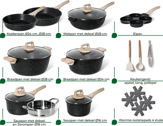 Just Perfecto pannenset 21-delig - inductie gas PFAS vrij koudgrepen - Zwart