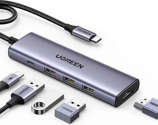 Ugreen CM511 USB-C hub - 5-in-1 HDMI 1.4 3x USB-A PD 100W - Grijs