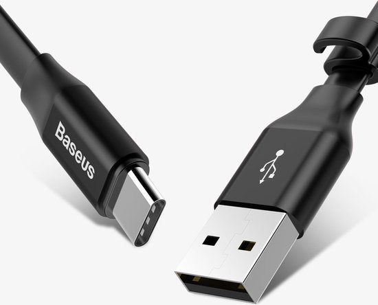 Baseus Korte Platte USB-C Kabel 23cm Zwart – USB-A naar USB-C – Oplaad- en Data Kabel 2A – Anti-Knoop - Compact - Ideaal voor Powerbanks - Zwart