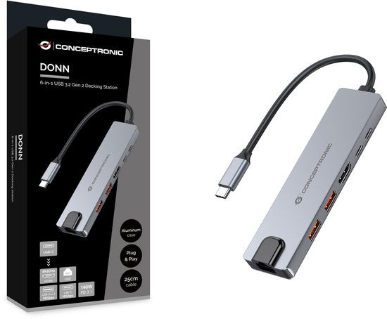 Conceptronic DONN29G laptop dock - USB 3,2 Gen 2 Type-C - Grijs