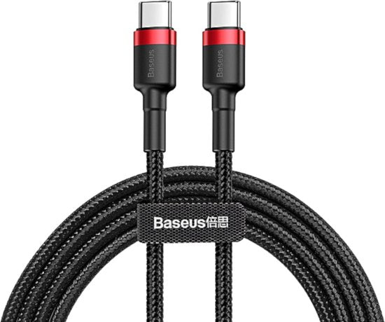 Baseus Cafule USB C Kabel naar USB C 1 meter zwart rood - 3A - 60W - PD2.0 Power Delivery - QC3.0 Quick Charge - gevlochten -velcro bandje