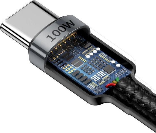 Baseus Cafule USB C Kabel naar USB C 2 meter zwart grijs - 5A - 100W - PD2.0 Power Delivery - QC3.0 Quick Charge - gewoven - velcro bandje