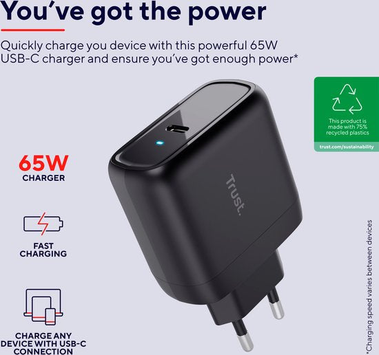 Trust Maxo laptopoplader - USB-C 65W - 2m kabel - Zwart